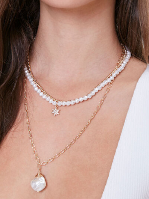 Faux Pearl & Star Pendant Layered Necklace