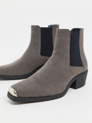 Asos Design Cuban Heel Western Chelsea Boot In Gray Faux Suede With Square Toe With Metal Cap