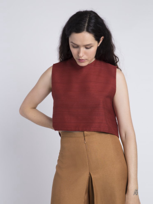 Wind Chime Raised Collar Cropped Silk Top  - Red Chili