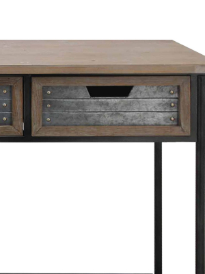 Caster Supported 3 Drawer Wood And Metal Console Table Brown/black - Benzara