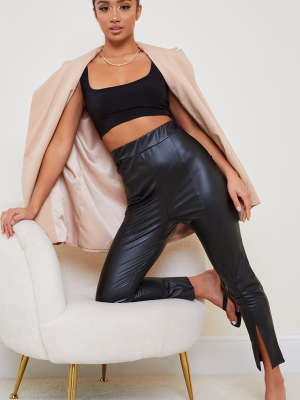 Petite Black Cropped Split Hem Pu Pants