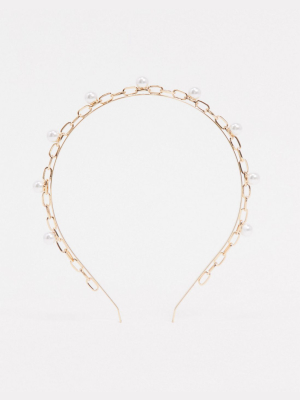 Asos Design Headband With Pearl And Open Links In Gold Tone