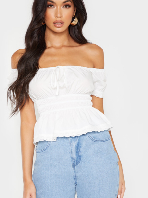 White Ruched Waist Puff Short Sleeve Crop Top