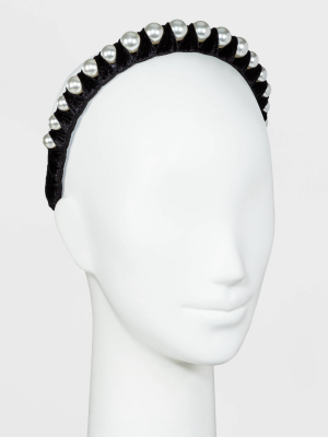 Velvet Wrapped Headband With Large Pearls - A New Day™ Black