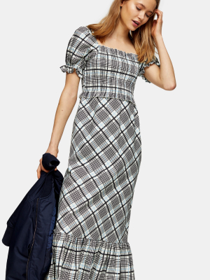 Blue Sheer Midi Check Dress