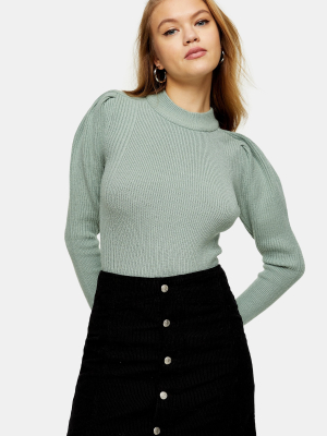 Blue Balloon Sleeve Knitted Top