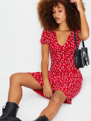 Red Ditsy Print Short Puff Sleeve Midi Dress