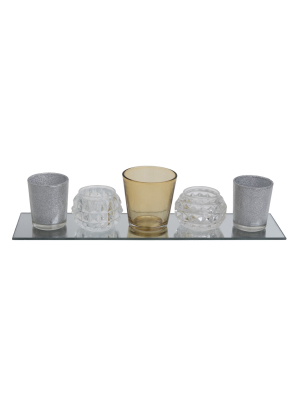 Transpac Glass 15 In. Multicolor Christmas Candle Holder Set Of 5 With Tray