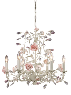 Heritage 6-light Chandelier In Cream With Porcelain Roses And Crystal