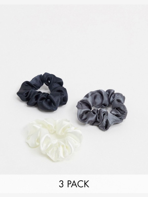 Asos Design Pack Of 3 Skinny Scrunchies In Black White Gray Satins