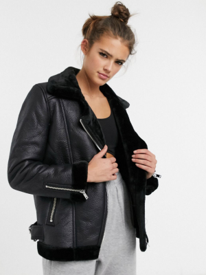 Miss Selfridge Longline Aviator Jacket With Buckle Detail In Black