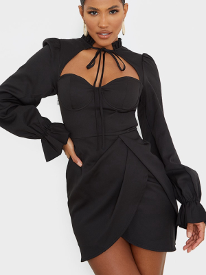 Black Tie Neck Puff Sleeve Wrap Skirt Bodycon...