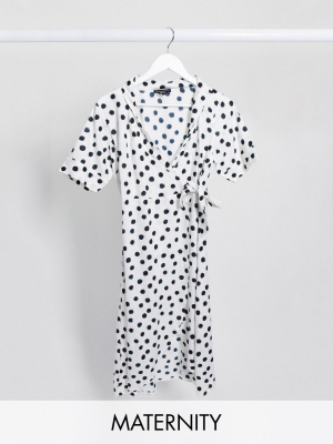 Wednesday's Girl Maternity Midi Wrap Dress In Polka Dot