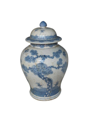 Ming Pine Tree Temple Jar, Blue And White