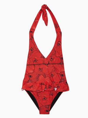 Nikki Halter One Piece Swimsuit (kids) - Red Poppies Print