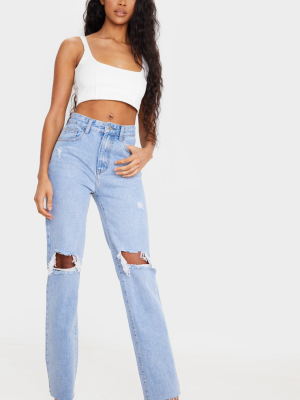 Light Blue Wash Distressed High Waist Straight...