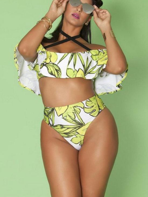 Plus Size Ruffle Off Shoulder High Leg Bikini Swimsuit - Two Piece Set