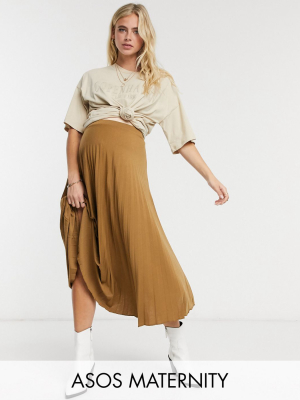 Asos Design Maternity Pleated Midi Skirt In Tan Marl