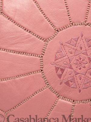 Embroidered Leather Pouf, Pink