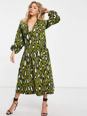 Asos Design Oversized Long Sleeve Midi Smock Dress With Drop Waist In Khaki And Black Leopard