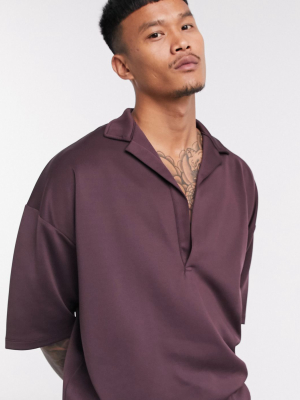 Asos Design Co-ord Oversized Polo Shirt With Deep Revere In Brown Scuba