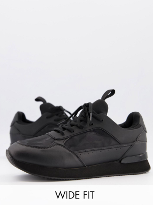 Asos Design Wide Fit Sneakers In Black With Tonal Camo