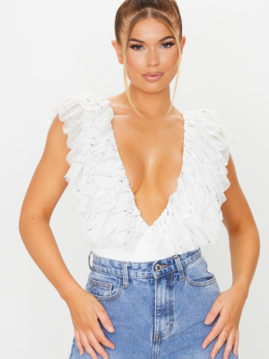 White Glitter Mesh Frill Plunge Bodysuit