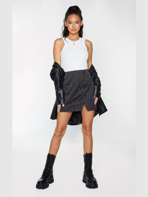 Black Woven Pinstripe Button Through Mini Skirt