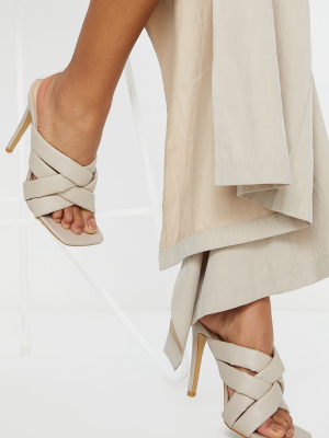 Cream Quilted Woven Strap High Mule Heels