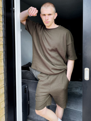 Asos Design Lounge T-shirt And Short Pajama Set In Khaki Waffle