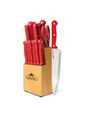 Ginsu Kiso Dishwasher Safe 14pc Knife Block Set Natural With Red Handles