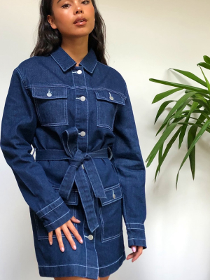 Dark Blue Wash Button Through Belted Denim Dress