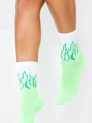 White With Neon Green Flame Ankle Socks