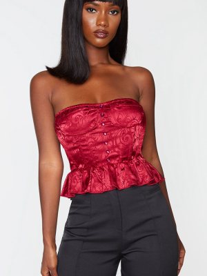 Burgundy Floral Jacquard Woven Frilled Hem Corset