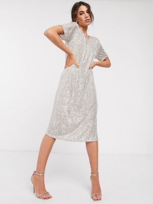 Asos Design Sequin Midi Dress With Open Back In Silver