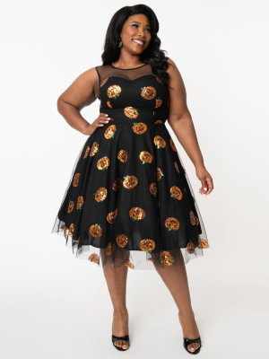 Magnolia Place Plus Size Black Mesh & Orange Sequin Pumpkins Vanity Swing Dress