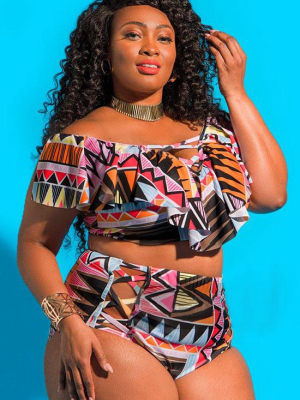 Plus Size Ethnic Geometry Printed Ruffle Bikini Swimsuit - Two Piece Set