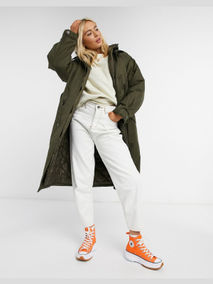 Asos Design Double Layered Quilted Parka In Khaki