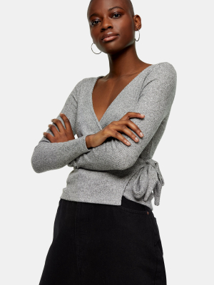 Gray Brushed Ribbed Long Sleeve Wrap Top