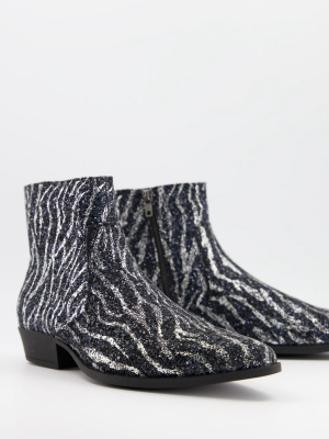 Asos Design Cuban Heel Western Chelsea Boots In Zebra Print Glitter