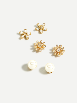 Crystal And Pearl Stud Earrings Set