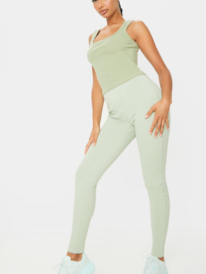 Sage Green Structured Rib Seam Detail Leggings