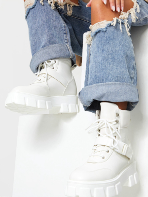 White Extreme Chunky Sole Buckle Clasp Hiker Boots