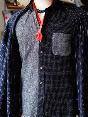Button-up Short Sleeve Shirt, Nashiji & Shijira Indigo Color Block