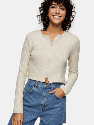 Oat Double Zip Brushed Ribbed Cardigan