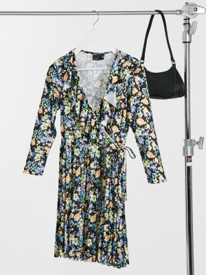 Asos Design Long Sleeve Pleated Mini Wrap Dress In Black Floral Print
