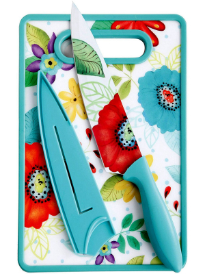 Gibson Studio California Jordana 3 Piece Cutlery Knife And Cutting Board Set In Turquoise Floral Pattern