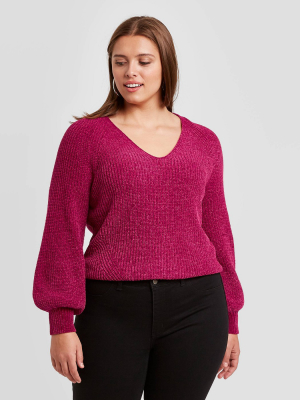 Women's Plus Size V-neck Balloon Sleeve Chenille Pullover Sweater - Ava & Viv™