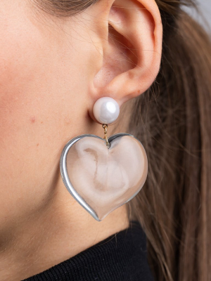 Pearl Top And Clear Heart Drop Pierced Earrings