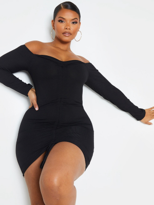 Plus Black Ribbed Long Sleeve Bardot Ruched...